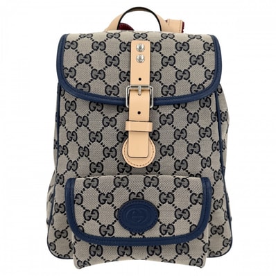 GUCCI グッチ リュック チルドレン バックパック 630818 GGキャンバス レザー ブラウン 茶 ネイビー 紺 シルバー金具 キッズ【中古品】