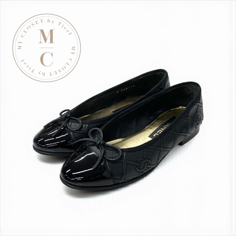 シャネル CHANEL フラットシューズ 靴 シューズ レザー パテント ブラック 黒 ココマーク バレエシューズ バレリーナ リボン