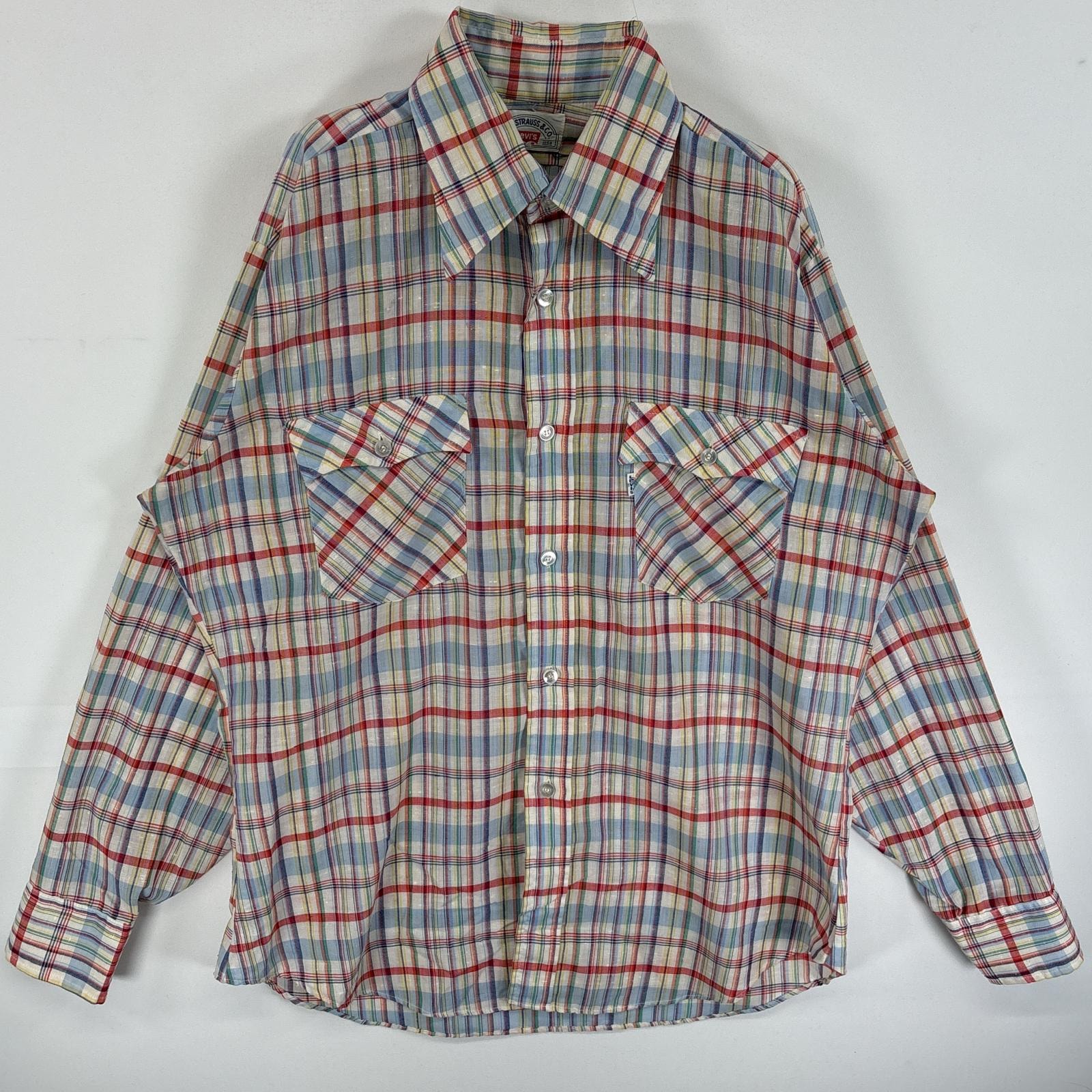 古着 70's/70年代 ヴィンテージ リーバイス Levi's 長袖シャツ デカ襟 フラップポケ USA製 L ホワイト系 マルチカラー メンズ