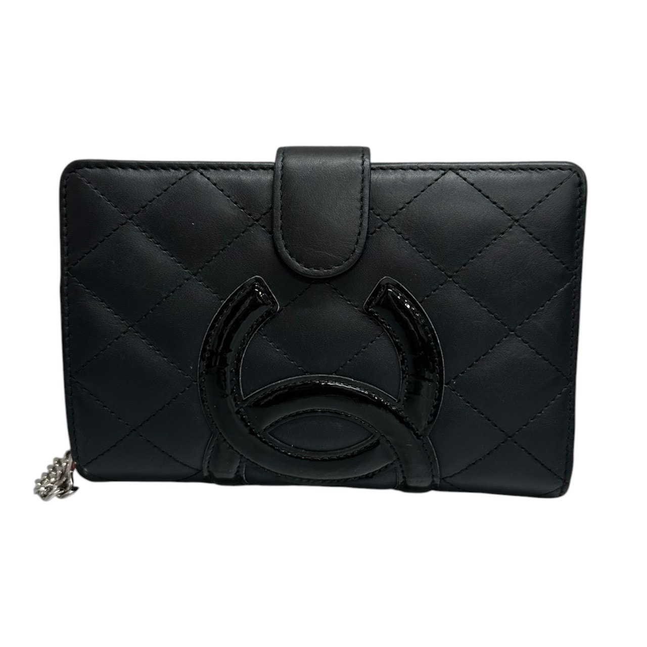 美品 CHANEL シャネル カンボンライン ココマーク ブラック ピンク シルバー金具 レザー 二つ折り財布 S1-00117 【中古】