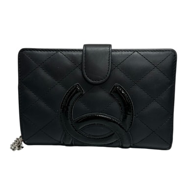美品 CHANEL シャネル カンボンライン ココマーク ブラック ピンク シルバー金具 レザー 二つ折り財布 S1-00117 【中古】