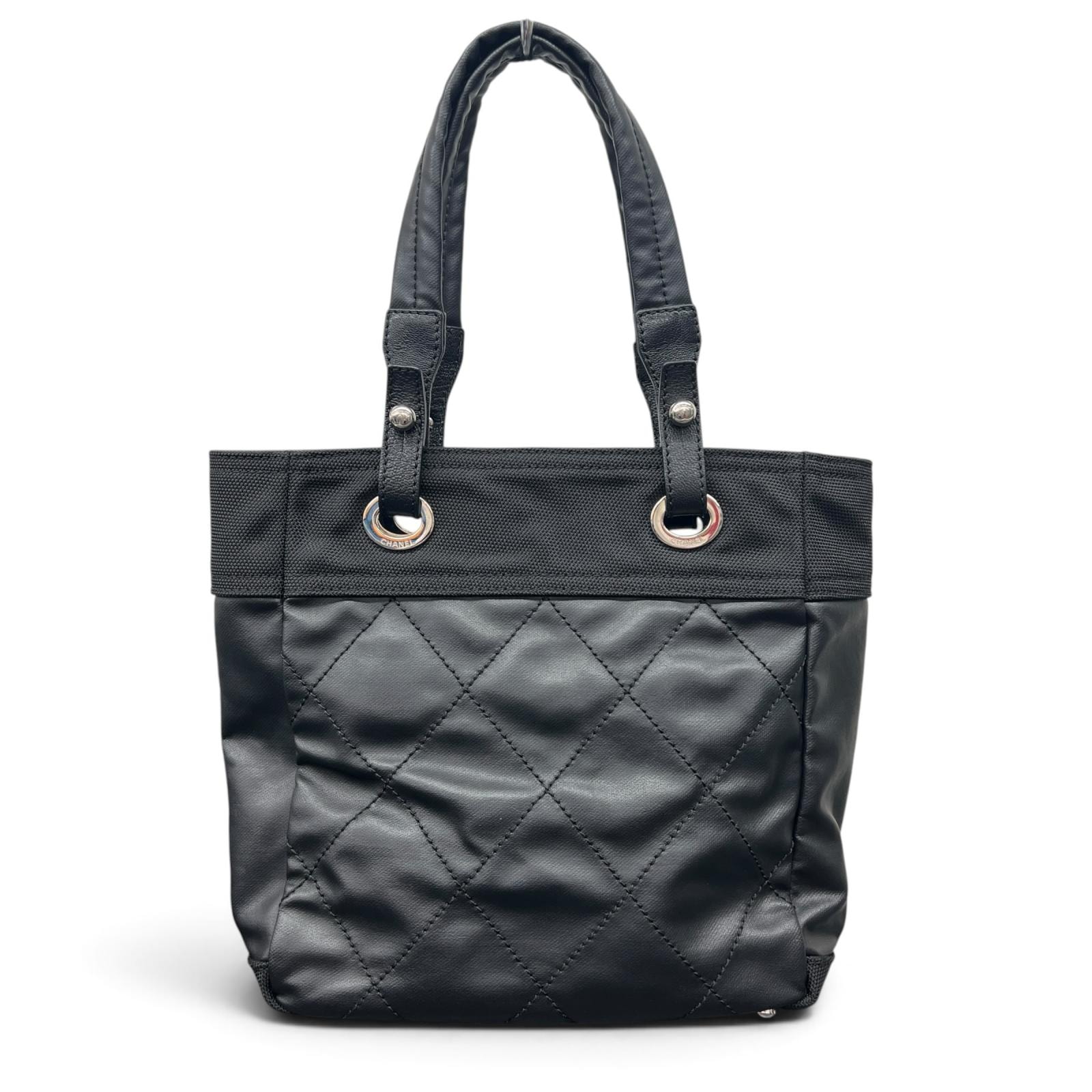 CHANEL 極美品 シャネル パリビアリッツPM トートバッグ A34208 コーティングキャンバス レザー ナイロン 11番台シリアル ハンドバッグ シルバー金具 ココマーク Aランク 鑑定済 中古 シャネルバッグ