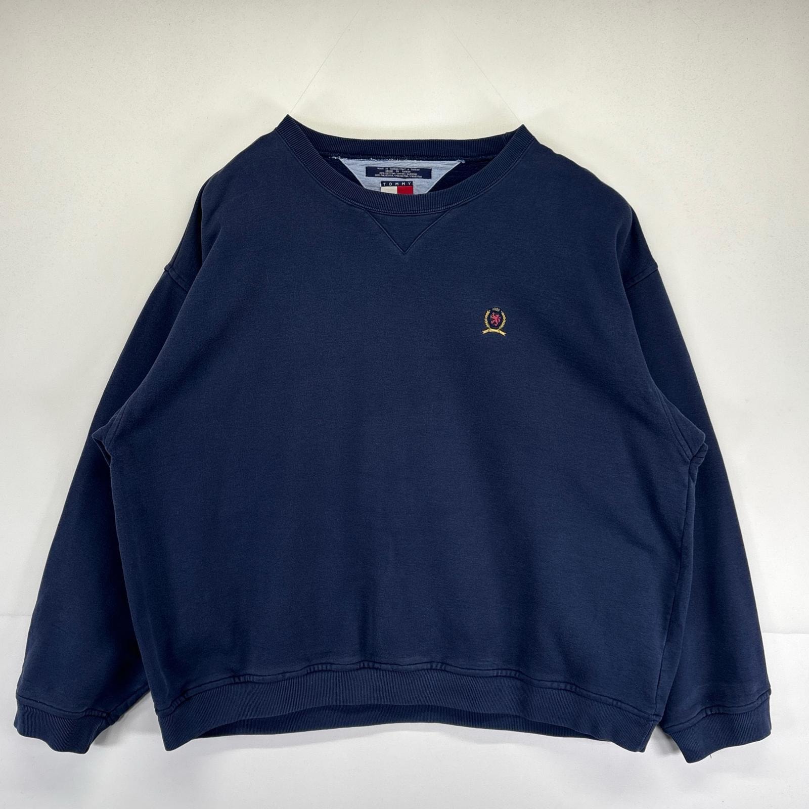 古着 90's/90年代 トミーヒルフィガー TOMMY HILFIGER スウェット 大きいサイズ トレーナー クルーネック Vガゼット 2XL  ネイビー メンズ