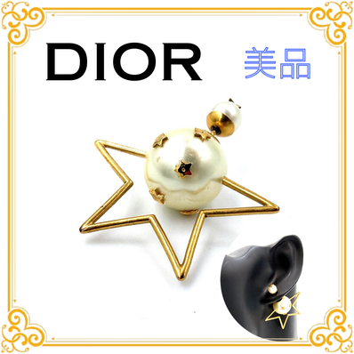 ■美品■ DIOR ディオール メタル パール スター トライバル ピアス ゴールド ホワイト アクセサリー 耳飾り レディース 希少 レア