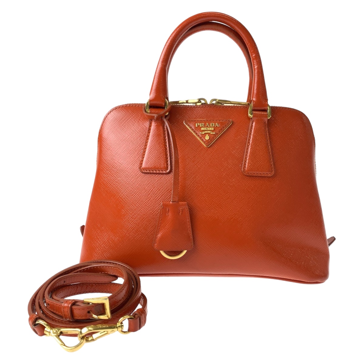 美品 PRADA プラダ プロムナード パテント サフィアーノ 三角ロゴプレート オレンジ ゴールド金具 レザー ショルダーバッグ ハンドバッグ 505974 【中古】
