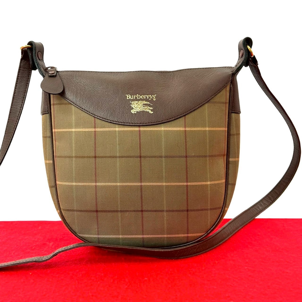 BURBERRY バーバリー チェック シャドーホース ロゴ キャンバス レザー ショルダーバッグ カーキ
 72302