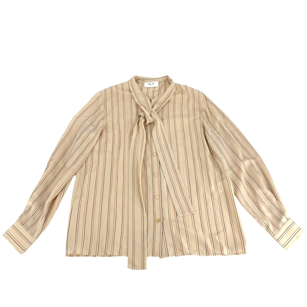CELINE セリーヌ 長袖シャツ ストライプ ボウタイ リボン アパレル 服 38 ベージュ シルク レディース 春 秋【中古品】