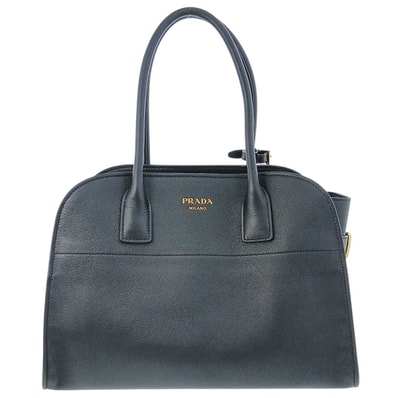 PRADA プラダ ロゴ レザー トートバッグ ミディアム ソフトグレインレザー トートバッグ 1BG517 レザー ブラック ゴールド金具 レディース【中古】