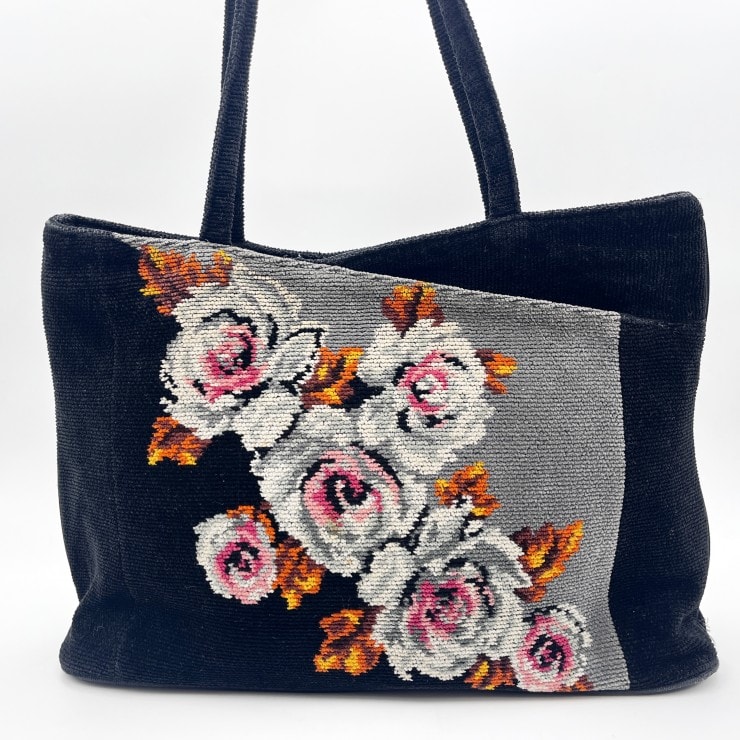FEILER(フェイラー)フラワー刺繍 シュニール織 トートバッグ ハンドバッグ ブラック グレー 花柄 レディース 【中古】