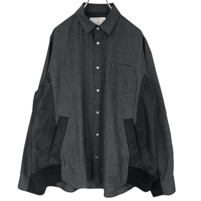 Sacai サカイ 長袖シャツ グレンチェックシャツ 異素材シャツ サイズ3 ブラック 黒 グレー ウール キュプラ メンズ 秋 冬【中古品】