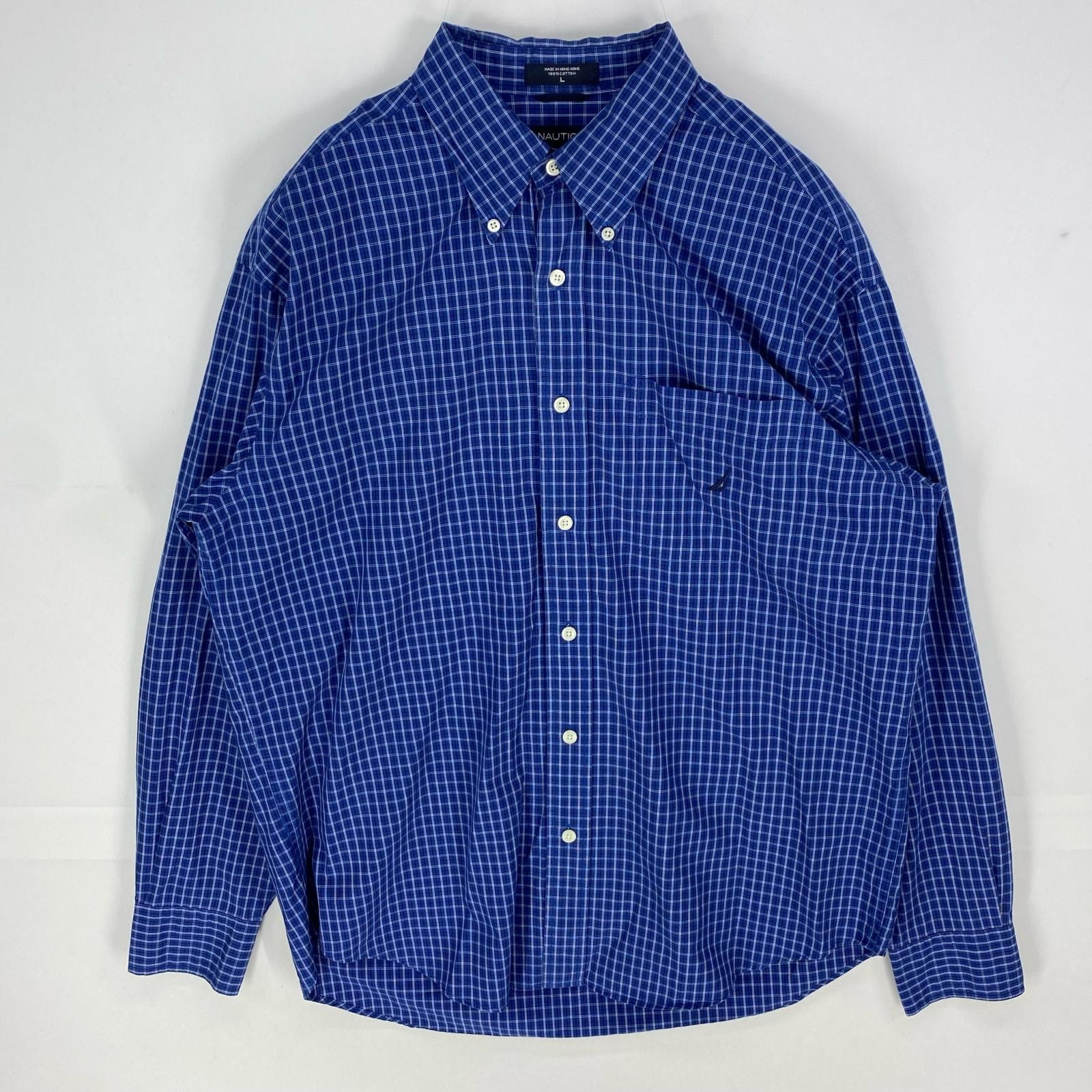 古着 ノーティカ NAUTICA 長袖シャツ ワンポイントロゴ刺繍 ボタンダウン ロングスリーブ L  ブルー系 チェック メンズ