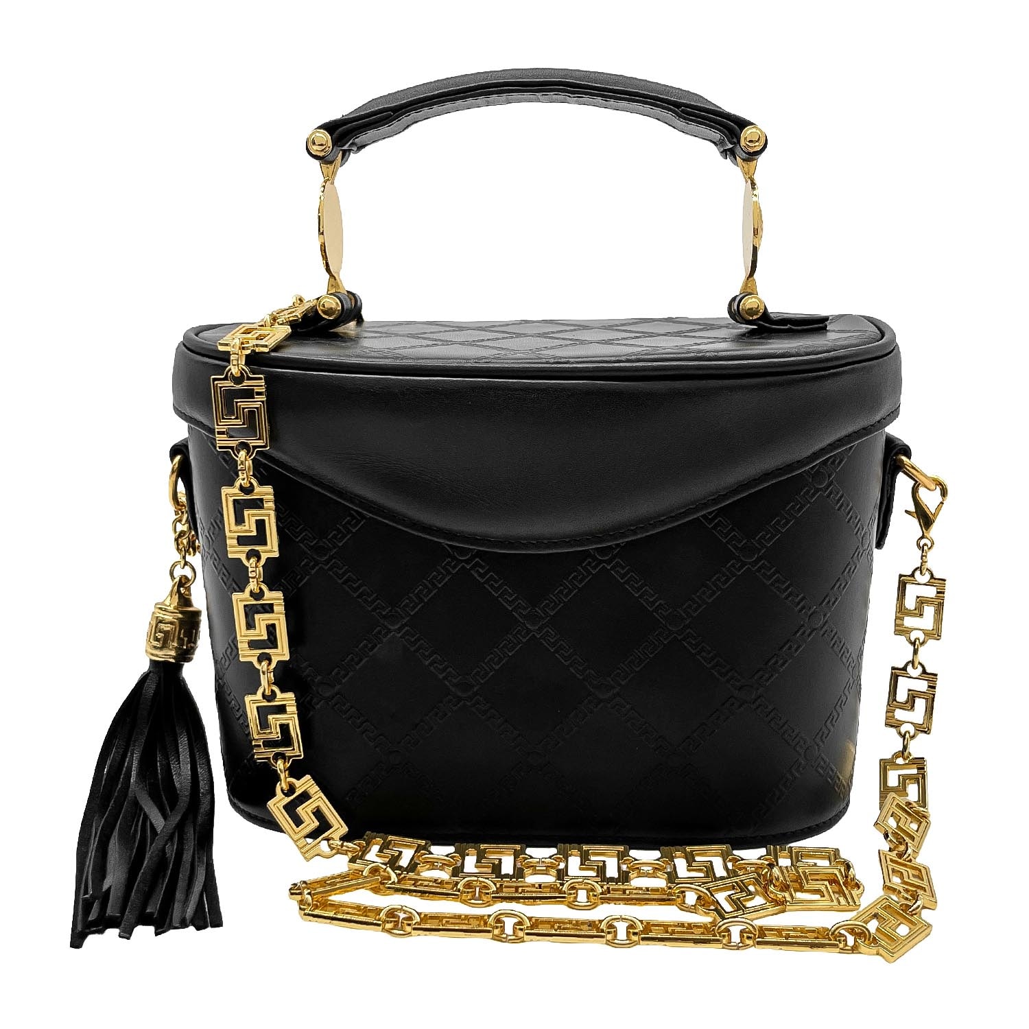 VERSACE ヴェルサーチ サンバースト 2WAY チェーン ショルダーバッグ
 バニティバッグ タッセル レザー メタル ブラック レディース
 【中古】