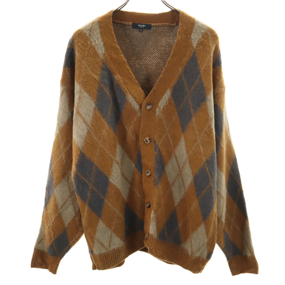 美品 BEAMS HEART ビームスハート アーガイル柄 長袖 Vネック ニットカーディガン S ブラウン