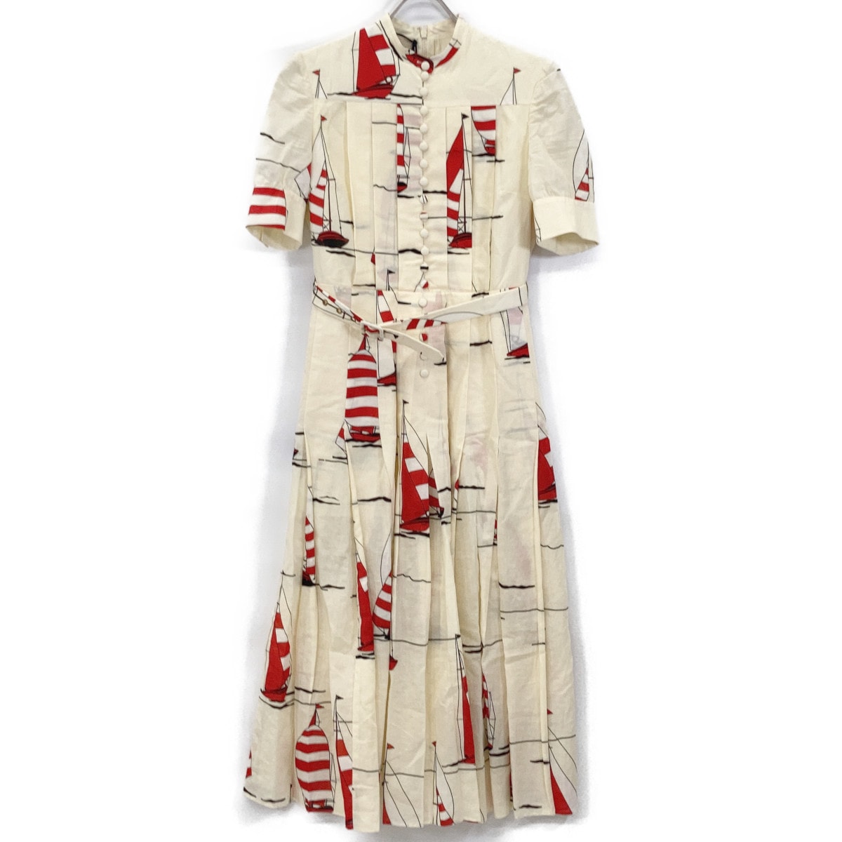 グッチ 654450 21SS ベージュ コットンリネン ヨット柄ボウタイプリーツワンピース 38