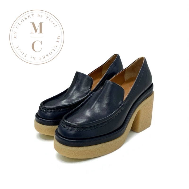クロエ Chloe ローファー 革靴 靴 シューズ レザー ダークネイビー ベージュ クレープソール 厚底 ヒールローファー