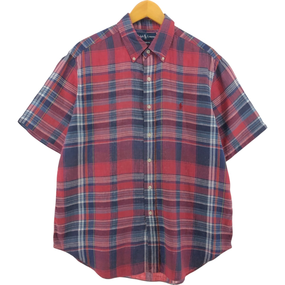 古着 ラルフローレン Ralph Lauren CLASSIC FIT チェック柄 半袖 リネン ボタンダウンシャツ メンズL相当/eaa560885