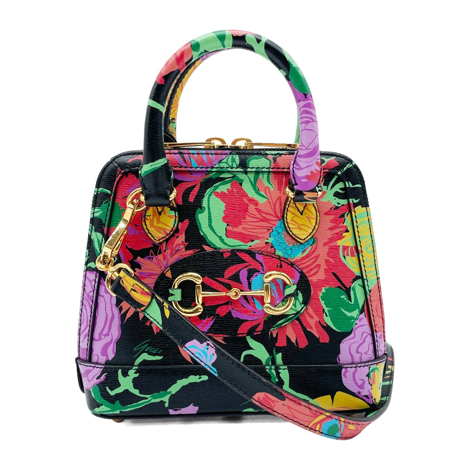 GUCCI グッチ ホースビット 1955 KEN SCOTT コラボ ショルダーバッグ
 花柄 MANTERO レザー ブラック レディース
 【中古】