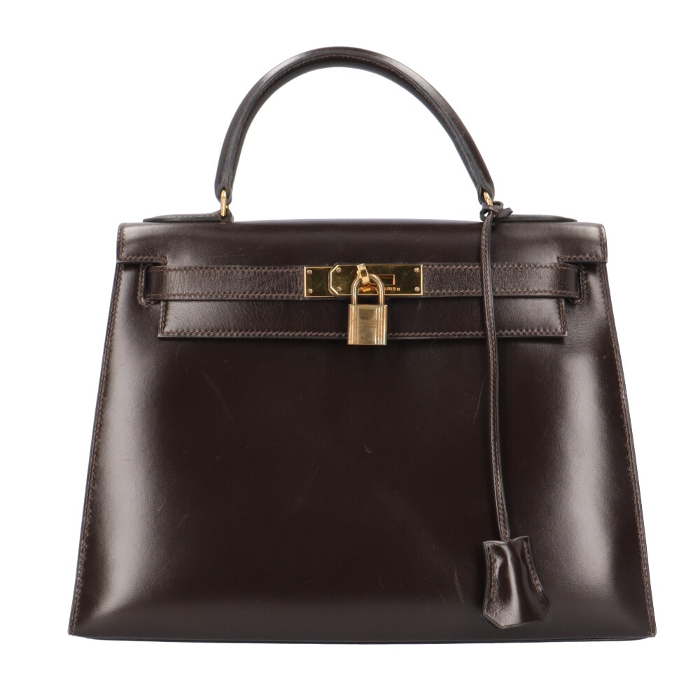 エルメス ケリー28 ハンドバッグ ボックスカーフ ブラウン レディース HERMES  中古
