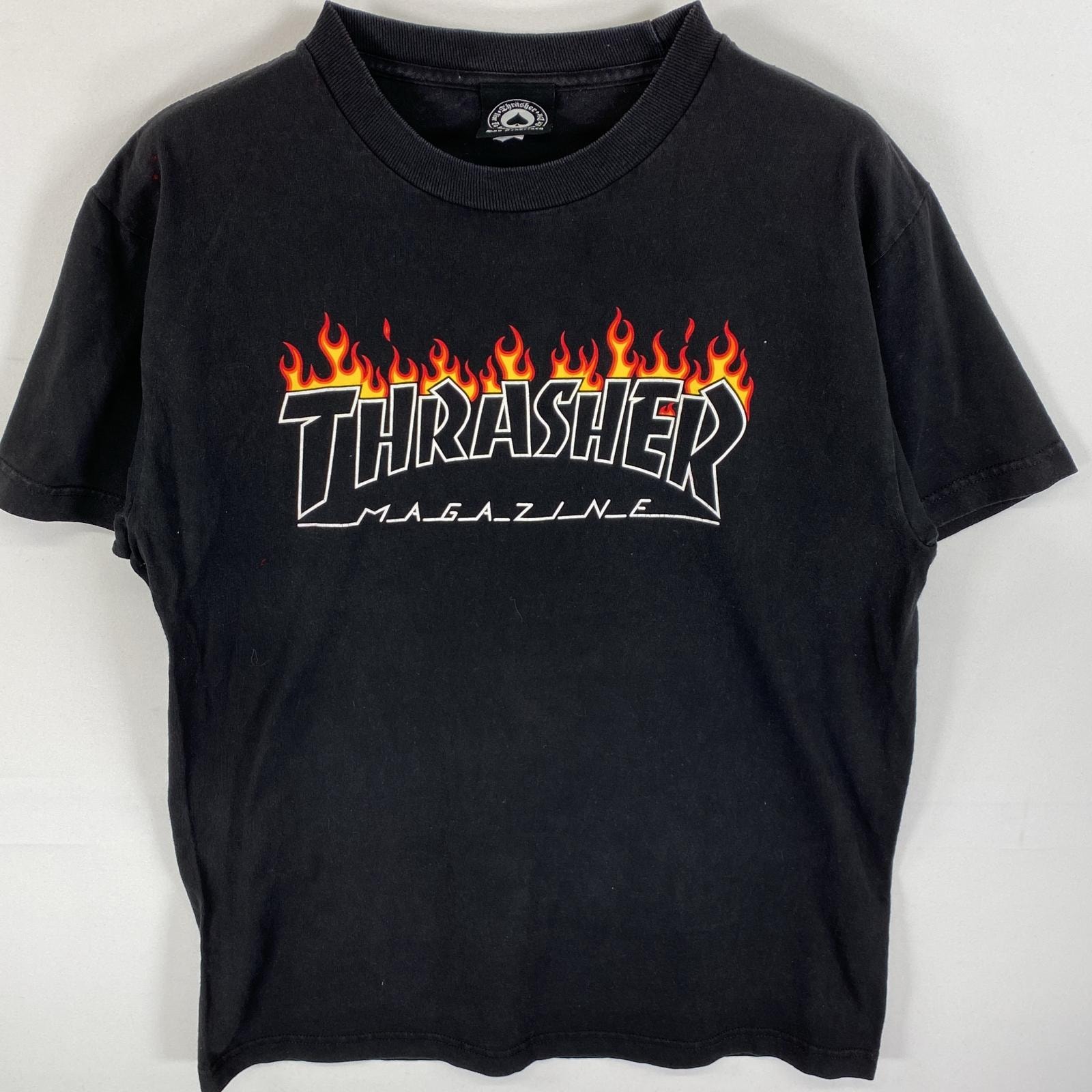 古着 スラッシャー THRASHER 半袖Tシャツ ラバープリント ブランドロゴ ファイヤーパターン M  ブラック メンズ