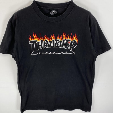古着 スラッシャー THRASHER 半袖Tシャツ ラバープリント ブランドロゴ ファイヤーパターン M ブラック メンズ