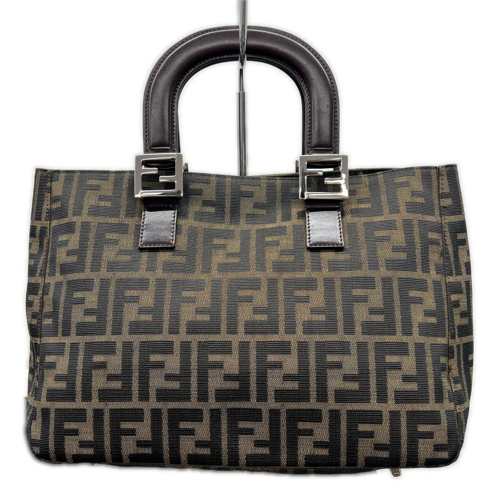 FENDI 極美品 フェンディ ZUCCA ズッカ トートバッグ 26329 キャンバス レザー ブラウン ハンドバッグ 手提げ FF金具 Y2K ヴィンテージ Aランク 中古 鑑定済 フェンディバッグ