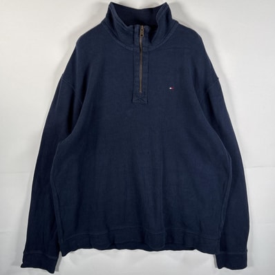 古着 トミーヒルフィガー TOMMY HILFIGER コットンニット 大きいサイズ ワンポイントロゴ刺繍 ハーフジップ 14041 ネイビー メンズ