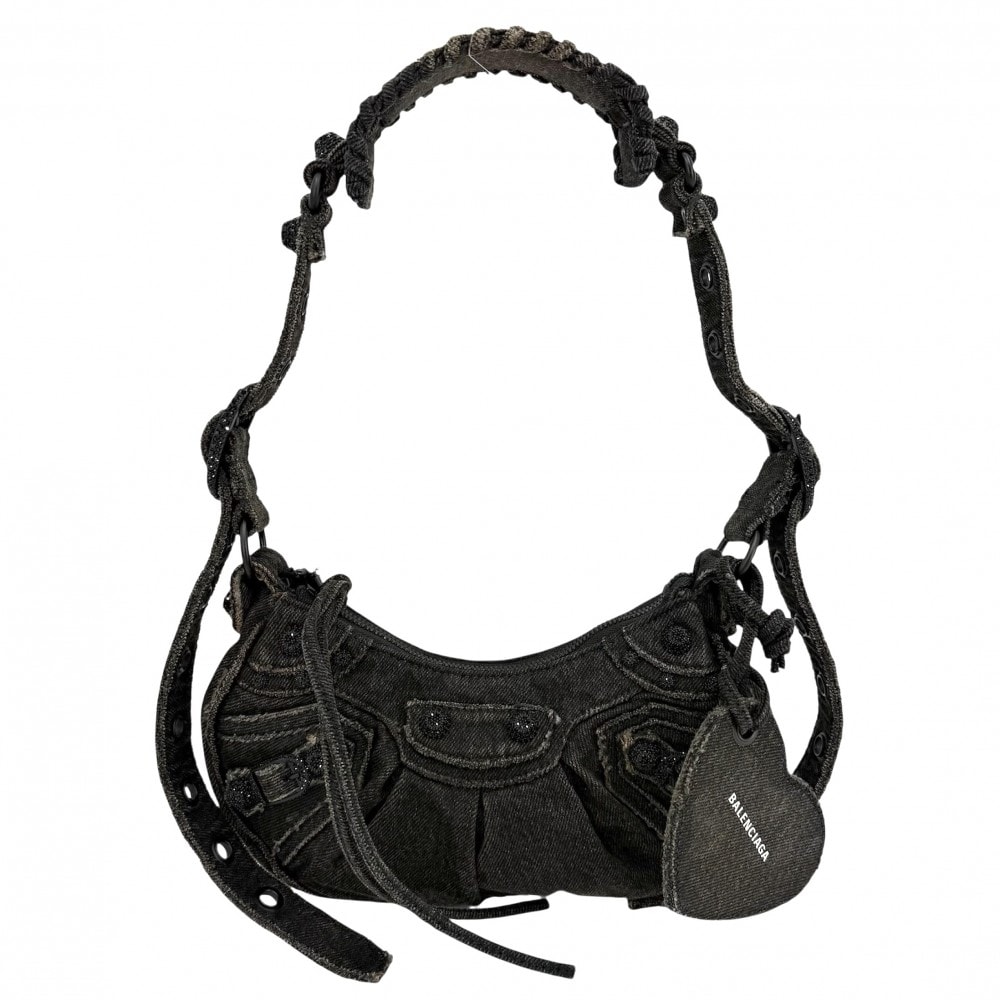 BALENCIAGA バレンシアガ ショルダーバッグ ル・カゴールXS ラインストーン ミラー付き 肩掛け 斜め掛け LE CAGOLE 671309 デニム    ブラック 黒 ブラック金具 レディース【中古品】