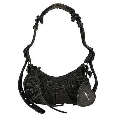 BALENCIAGA バレンシアガ ショルダーバッグ ル・カゴールXS ラインストーン ミラー付き 肩掛け 斜め掛け LE CAGOLE 671309 デニム ブラック 黒 ブラック金具 レディース【中古品】