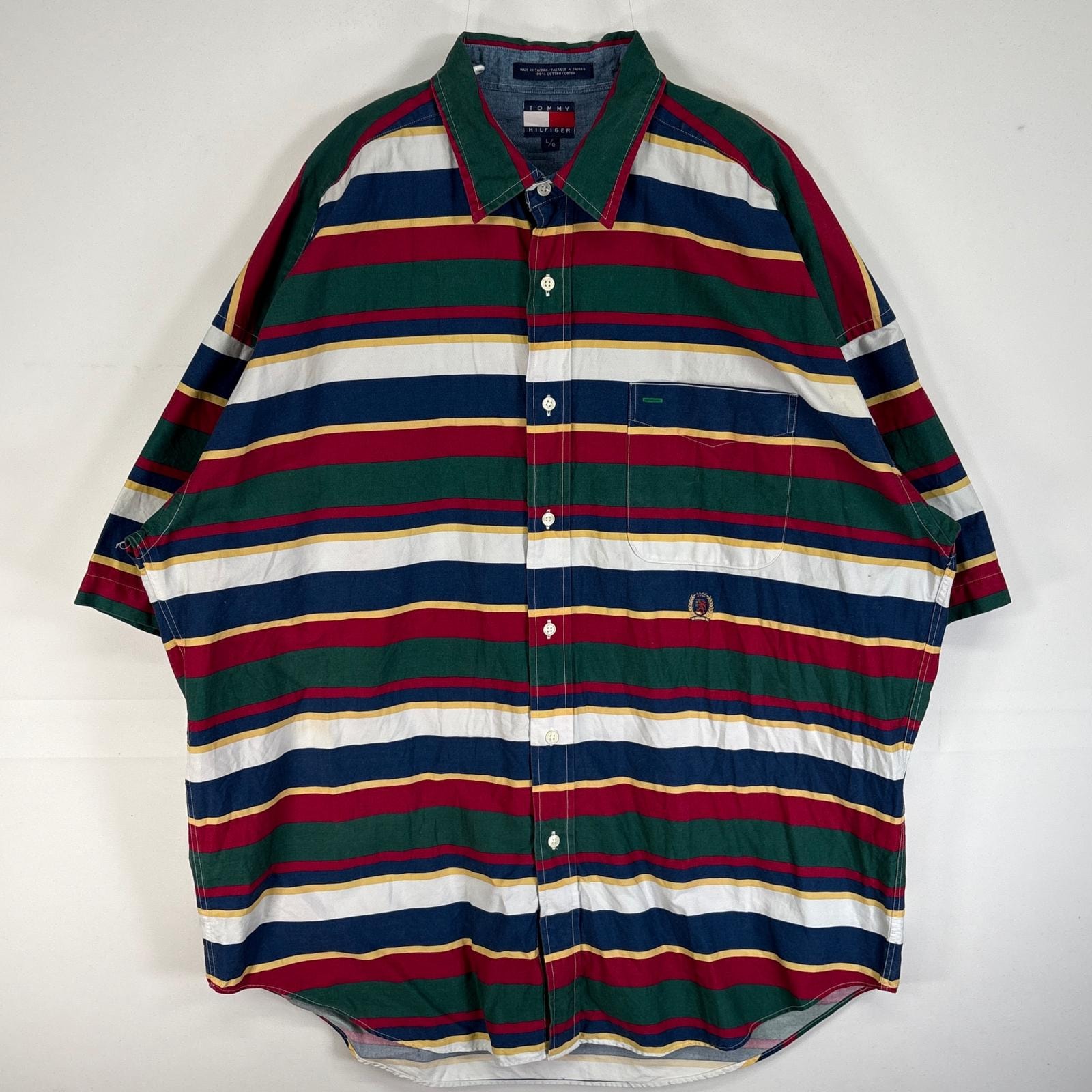 古着 90's/90年代 トミーヒルフィガー TOMMY HILFIGER 半袖シャツ 旧ロゴ 刺繍 胸ポケ フラッグタグ L マルチカラー ボーダー メンズ