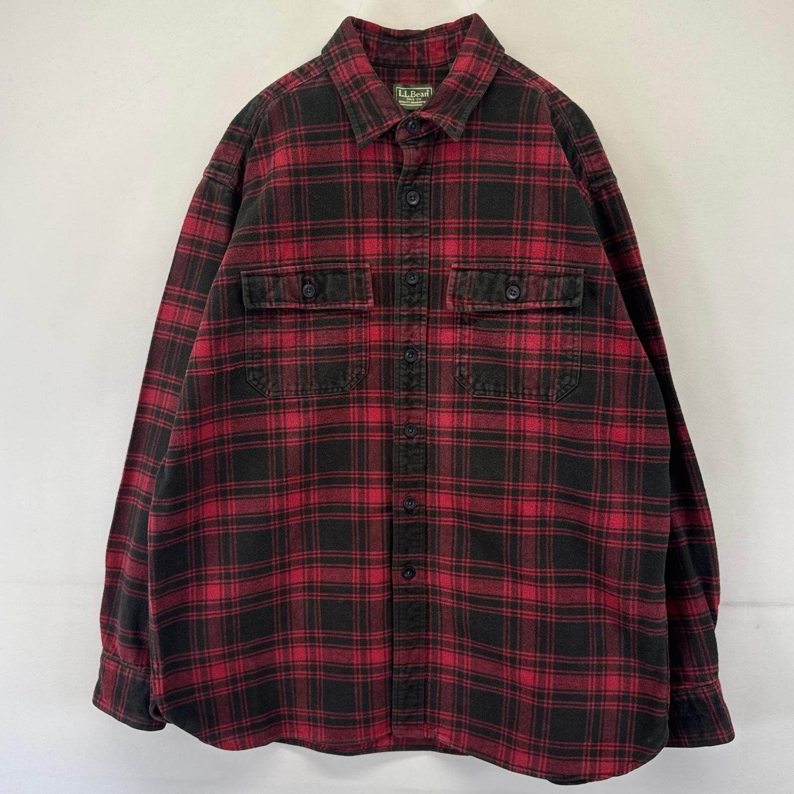 古着 エルエルビーン L.L.Bean USA製 長袖シャツ ヘビーネルシャツ 胸ポケット レッド L  ブラック系 チェック メンズ