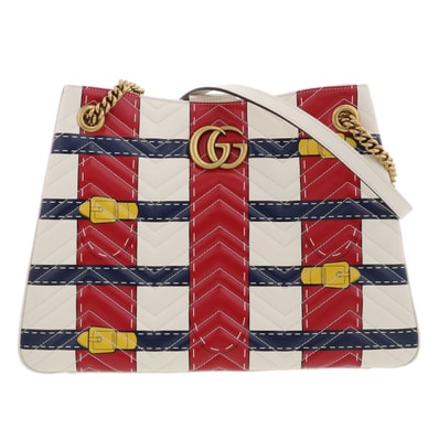 GUCCI グッチ GGマーモント チェーントート トートバッグ 453569 レザー ホワイト ゴールド金具 レディース【中古】