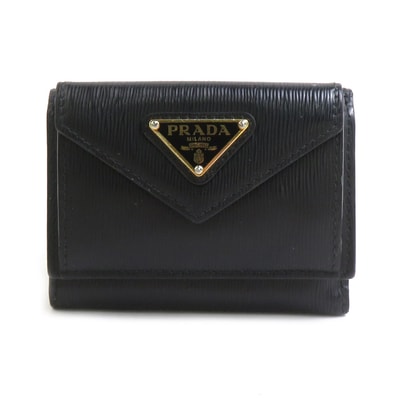 プラダ PRADA 三つ折り財布 レザー ブラック ゴールド レディース【中古】 e61864j