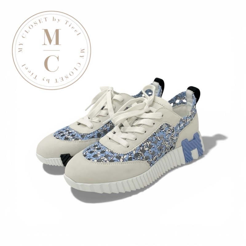 エルメス HERMES バウンシング スニーカー 靴 シューズ シルク スエード ブルー グレー 未使用 編み込み