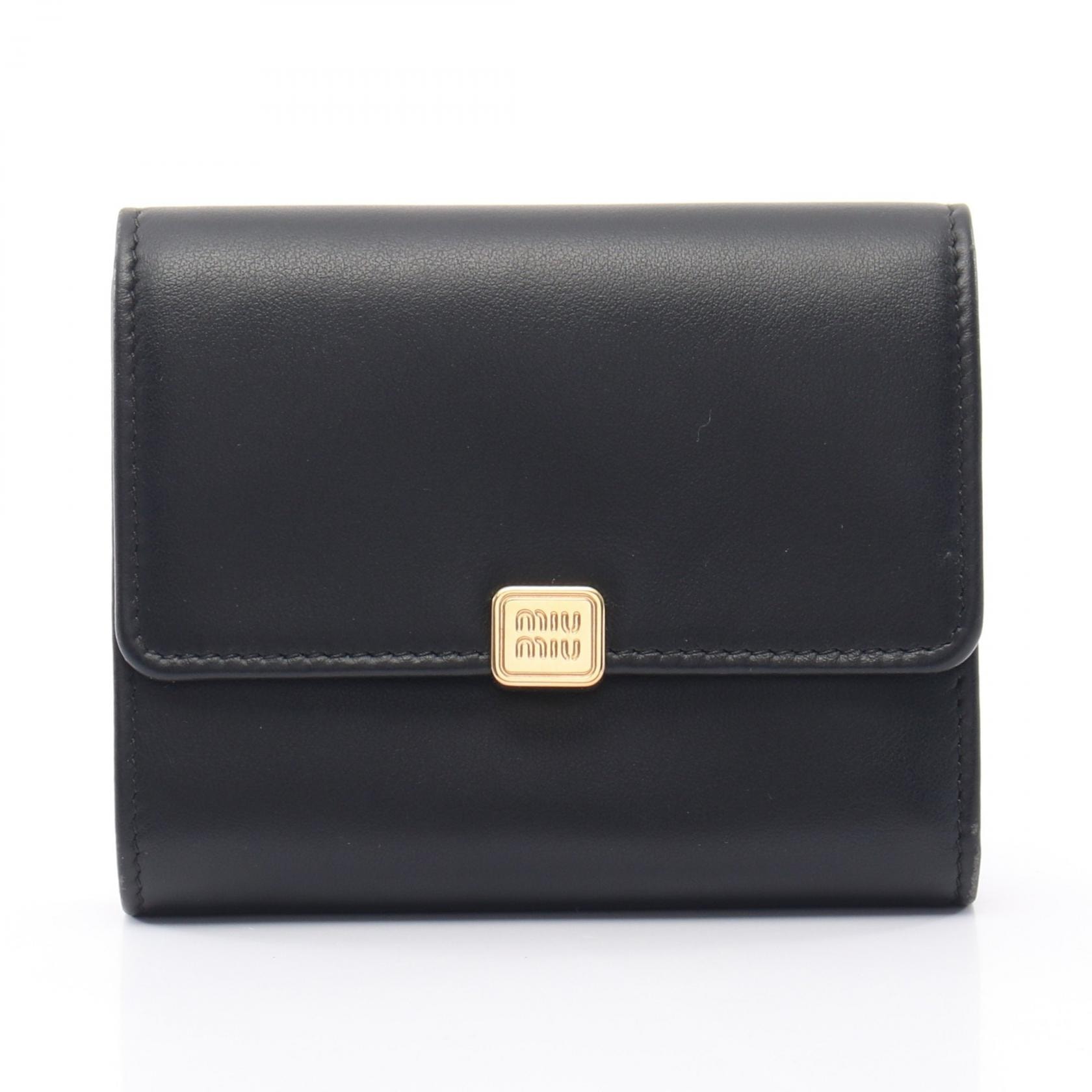 ミュウ ミュウ Miu Miu SOFTY METAL スクエア 三つ折り財布 財布 レザー レディース ブラック系 5MH040 【中古】