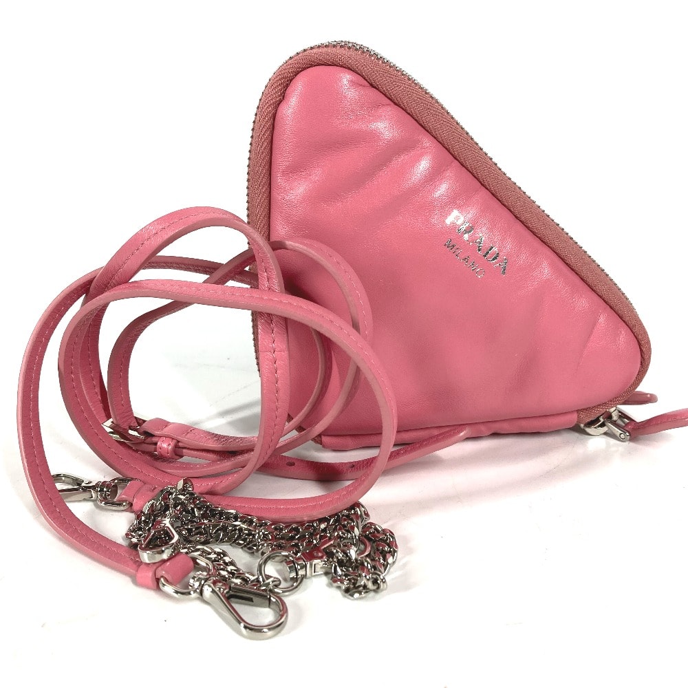 プラダ PRADA ダブルトライアングル 三角ロゴ プレート チェーン 斜め掛け 3WAY ポシェット ポーチ ショルダーバッグ レザー ピンク 美品