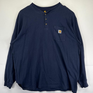 古着 カーハート Carhartt 長袖Tシャツ 大きいサイズ ヘンリーネック ワーク ワンポイントロゴ 3XL ネイビー メンズ