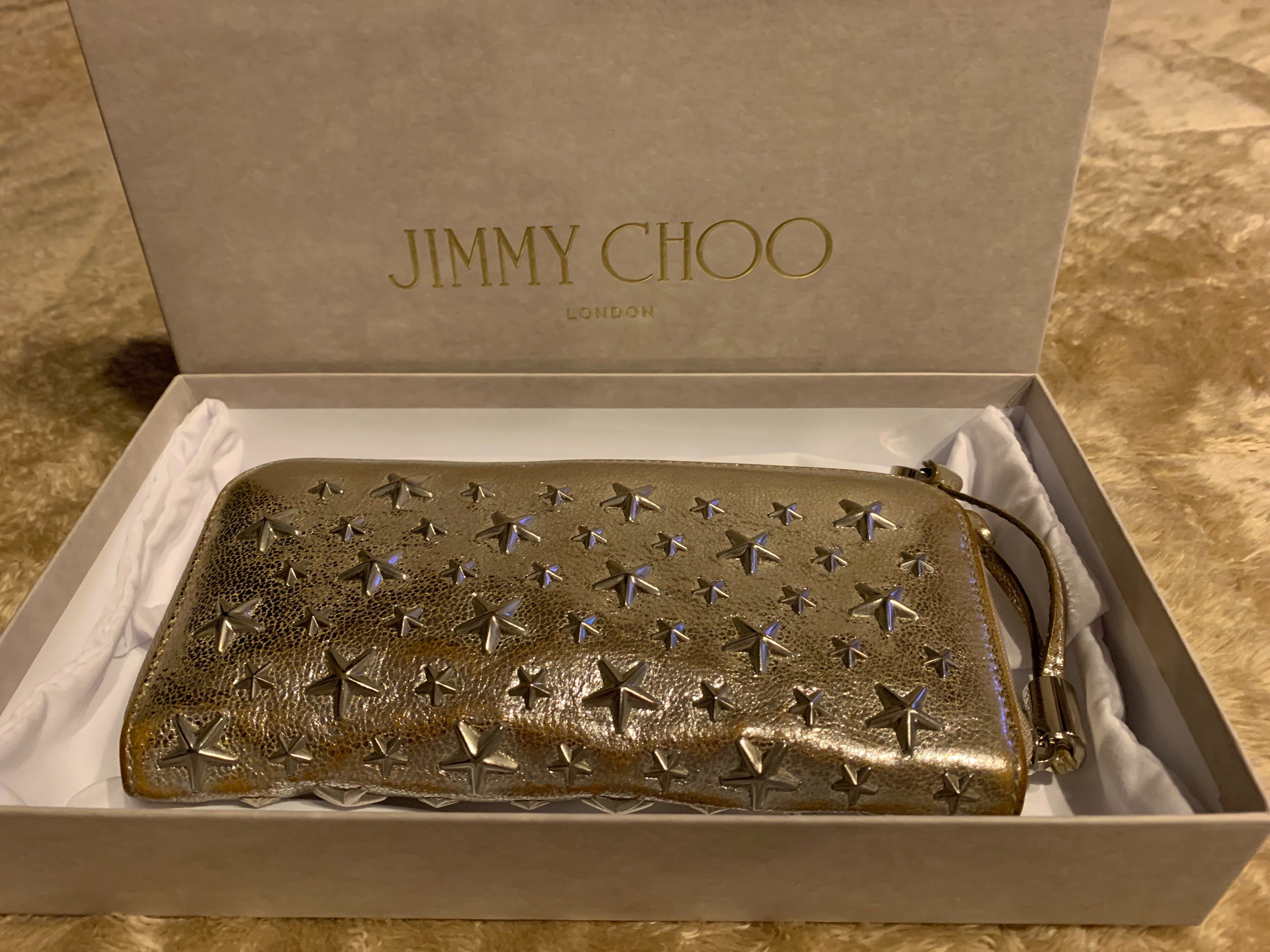 Jimmy Choo Filipa Grainy Calf Leather Zip Around Wallet With Crystal Star Studs "Moonstone"