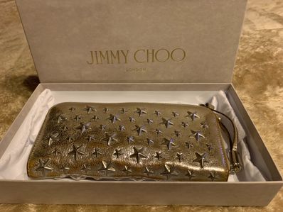 Jimmy Choo Filipa Grainy Calf Leather Zip Around Wallet With Crystal Star Studs "Moonstone"