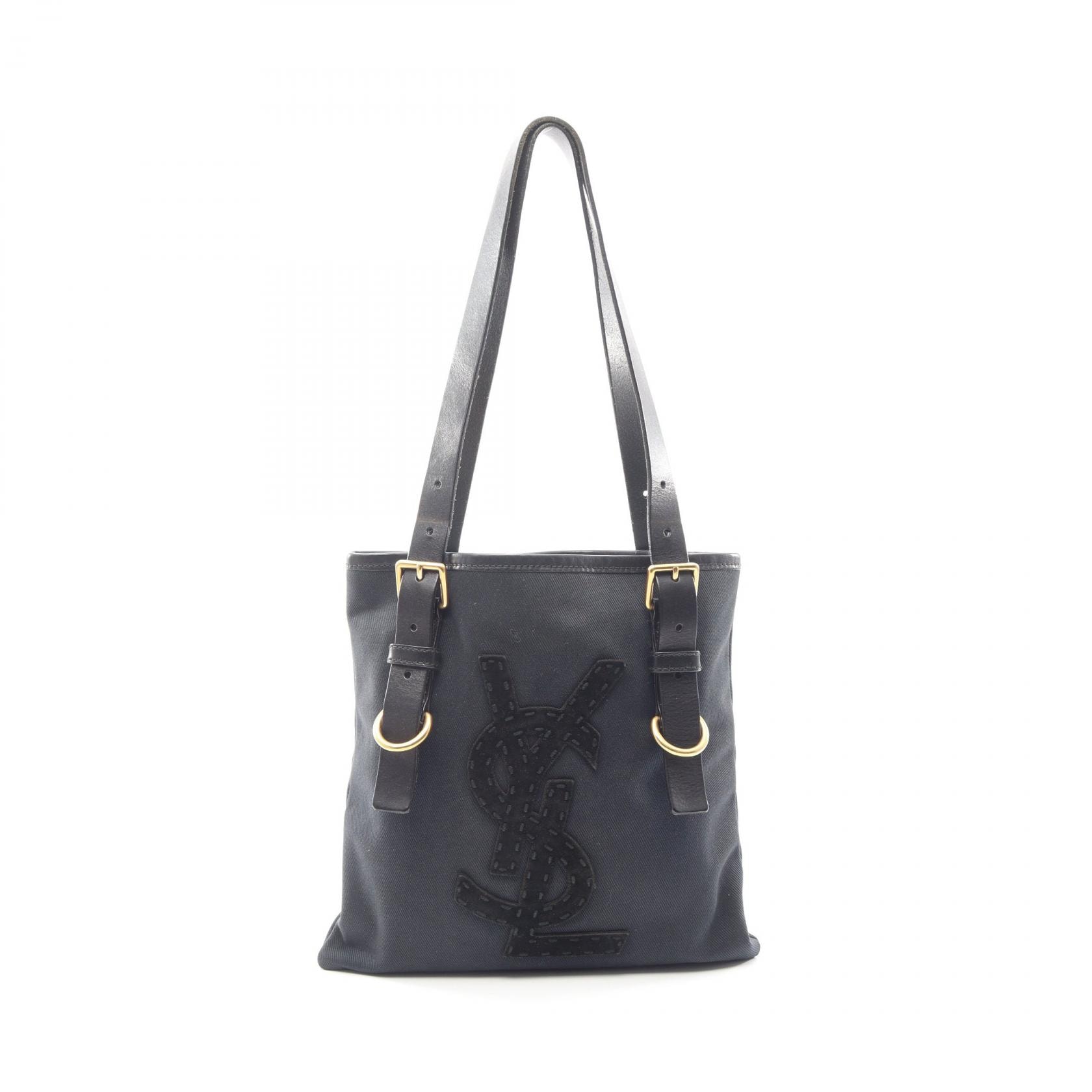 イヴサンローランリヴゴーシュ Yves Saint Laurent rive gauche ロゴ トートバッグ バッグ キャンバス レザー レディース ネイビー系 / ブラック系 147403 【中古】