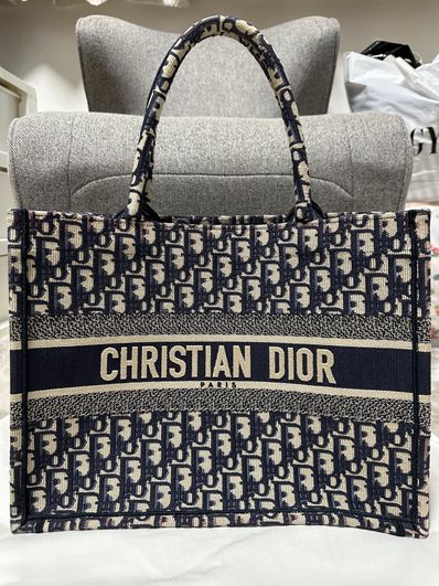 Dior Book Tote Medium Bag Oblique Embroidery "Ecru/Blue"