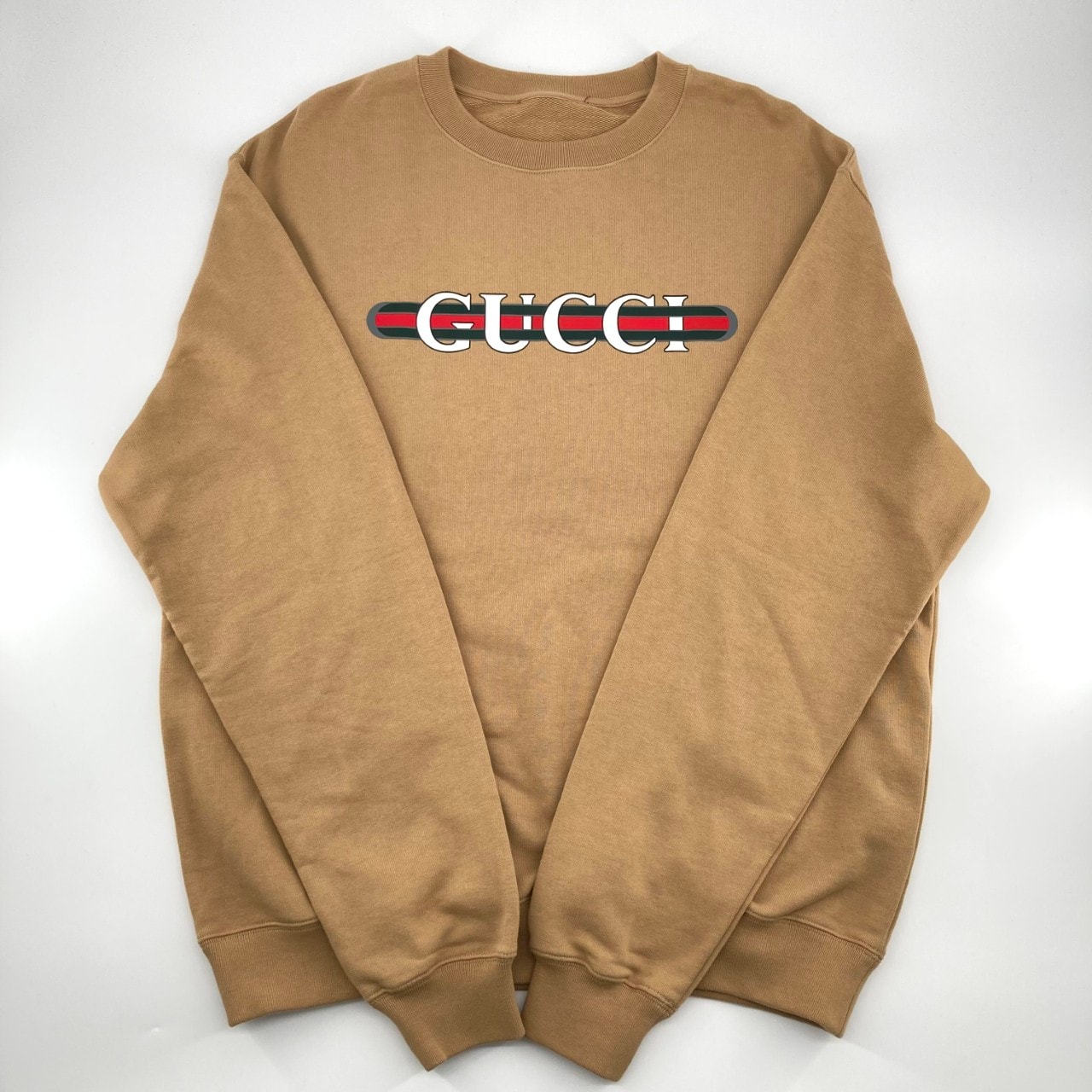 GUCCI(グッチ) ウェブ ストライプ ロゴプリント クルーネック M 784413 スウェット キャメル