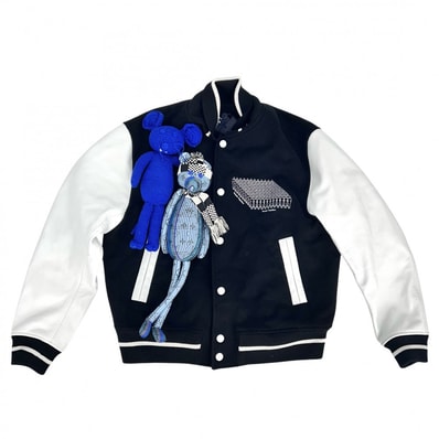 LOUIS VUITTON ルイヴィトン スタジャン ジャケット パペットベースボールジャケット アウター 服 アパレル 50 ブラック 黒 ホワイト 白 シルバー金具 ウール シルク メンズ 秋 冬 美品【中古品】