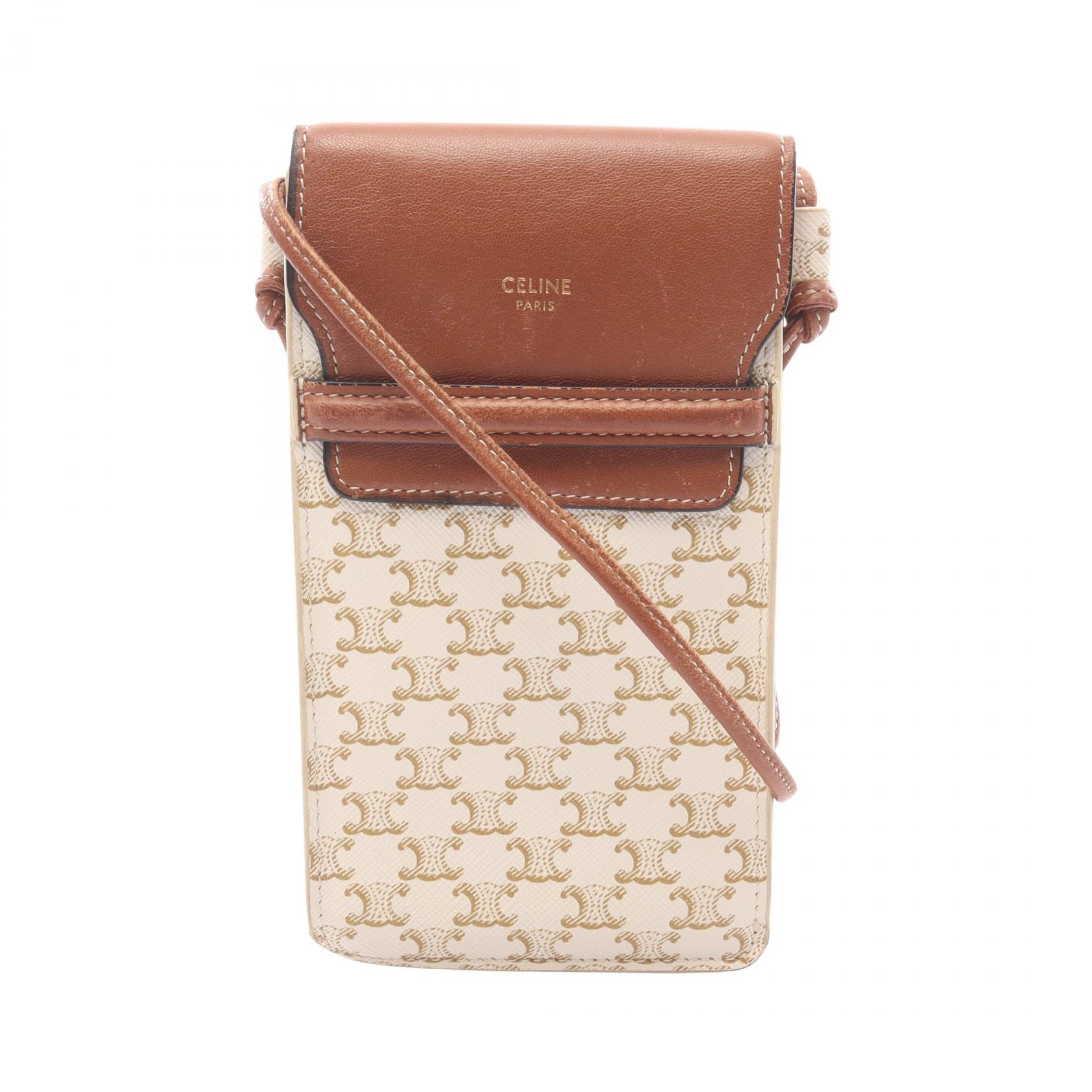 セリーヌ CELINE トリオンフ フォンフォルダー ショルダーバッグ バッグ PVCコーティングキャンバス レザー レディース アイボリー系 / ブラウン系 【中古】