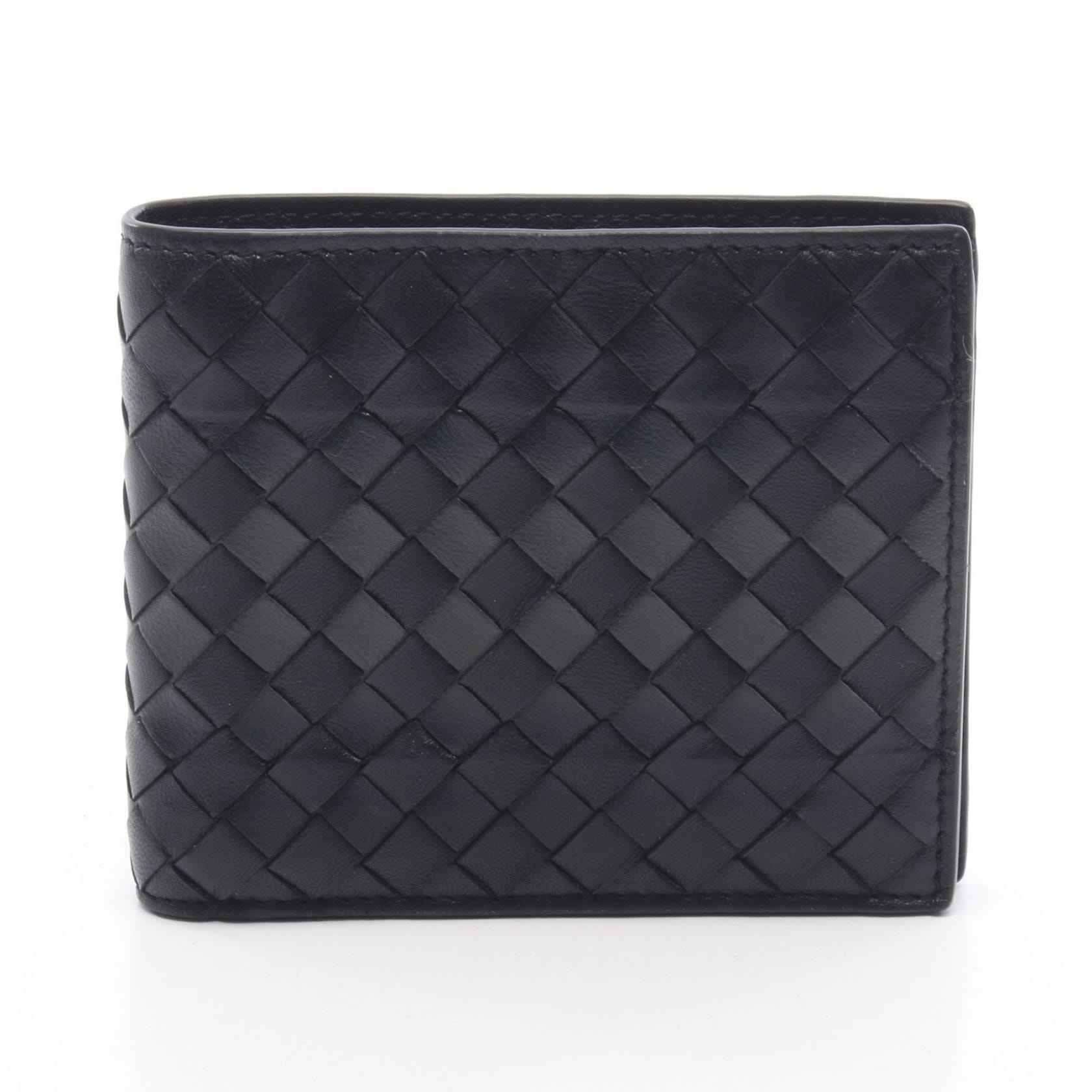 ボッテガヴェネタ BOTTEGA VENETA イントレチャート 二つ折り財布 財布 ラムスキン(羊革) レディース ブラック系 / グレー系 【中古】