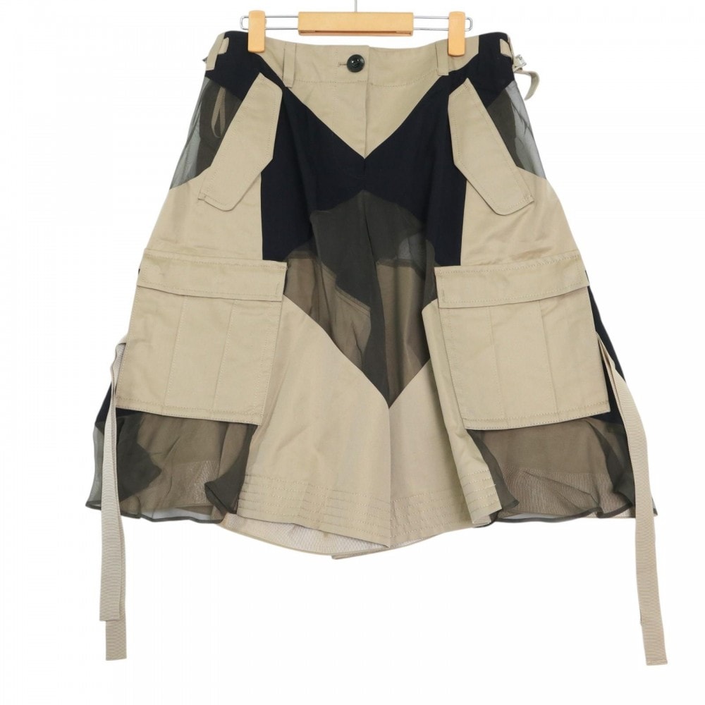 Sacai サカイ ボトムス シースルー ハーフパンツ ワイドパンツ 服 3サイズ ベージュ ブラック 黒 シルバー金具 コットン ポリエステル レディース 美品【中古品】