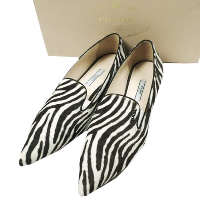 PRADA プラダ イタリア製 ハラコゼブラポインテッドトゥパンプス 1S366E 38(25cm) CAVALLINO BIANCO NERO シューズ g26863