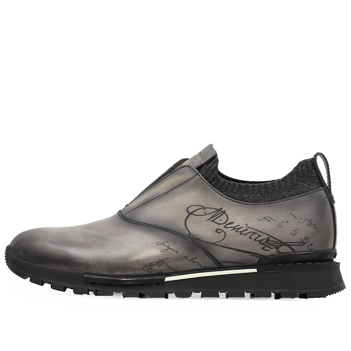 【極美品】Berluti ベルルッティ レザースニーカー サイズ 8 メンズ カリグラフィー スリッポン シューズ 革靴 箱付属 グレー 灰色 イタリア製