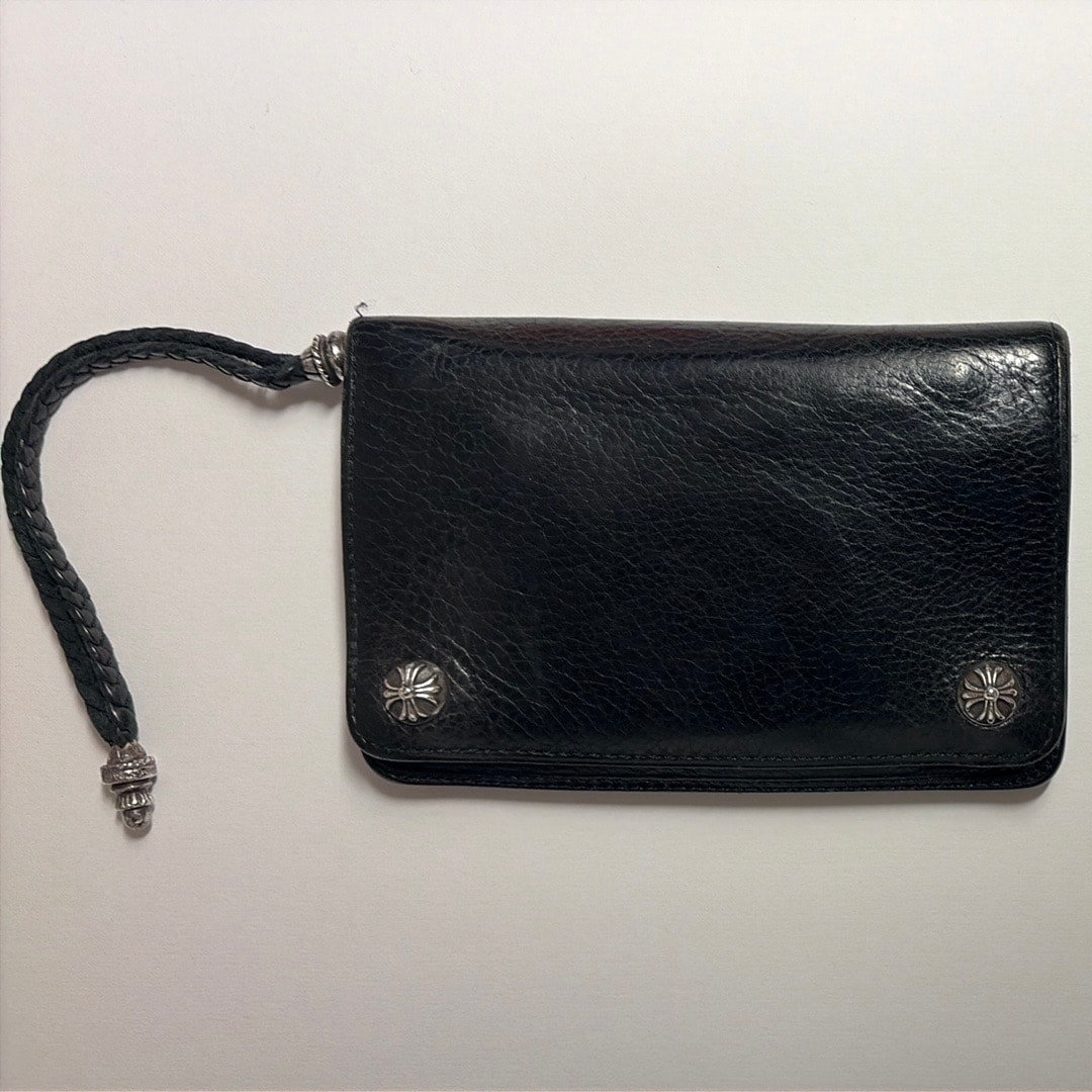 Chrome Hearts 2-Zip Wallet Cross Button Strap Black Leather "Black"