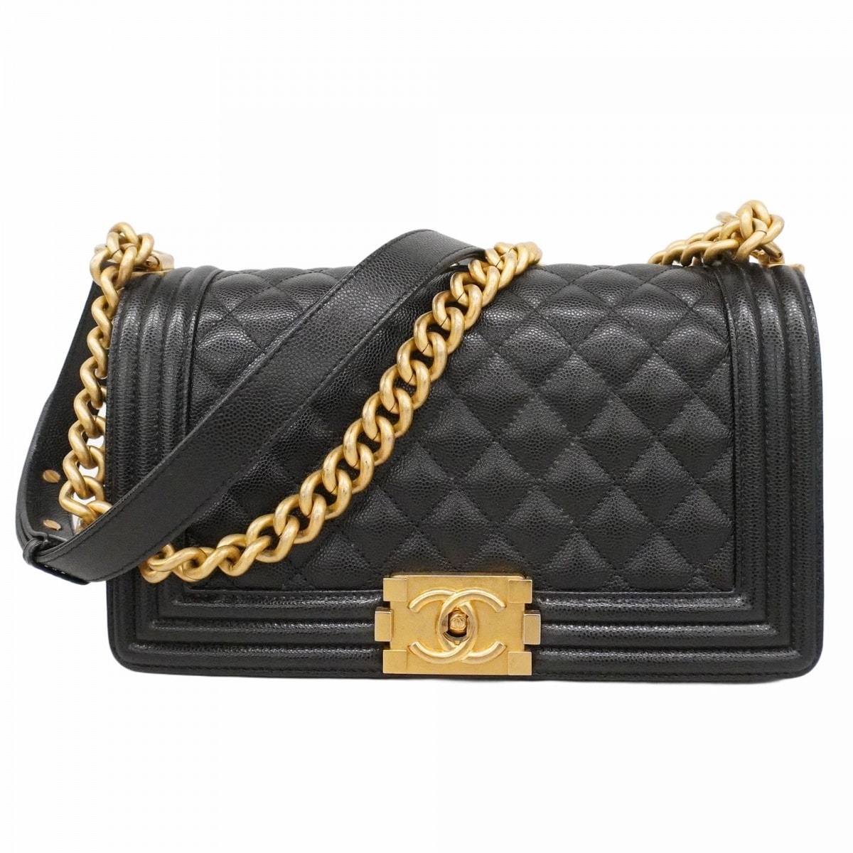 ★SALE【6da0347】シャネル ショルダーバッグ ボーイシャネル チェーンショルダー キャビアスキン ブラック ゴールド金具【中古】レディース