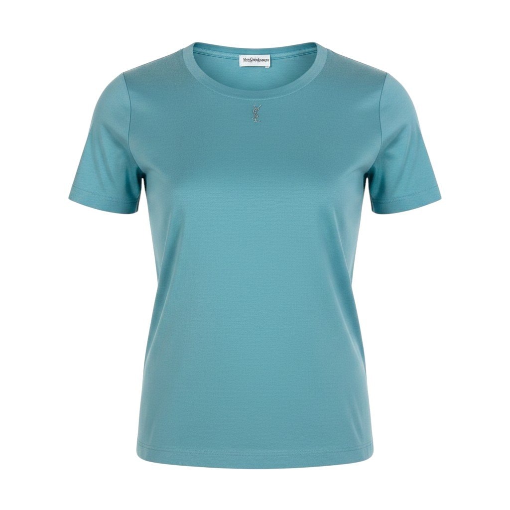 YVES SAINT LAURENT イヴ サンローラン ラインストーンカサンドラロゴ ブルー ライトブルー コットン 半袖Tシャツ A3-00398 【中古】